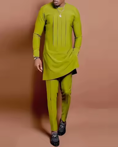 LIBIELIY Four Seasons New Fashion Men's 2 Pieces Sets Afirican Syle Ethinic Casual Yellow-green Clot