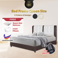 Cfurniture Bed Frame Queen with Mattress Divan Queen Bed Frame Wooden with PVC Headboard Katil Queen Putih Bantal Pillow