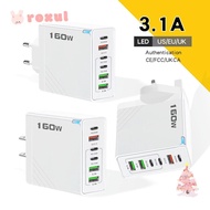 ROXUL 160W Charger Plug, USB A+C 6 Ports Phone Charger Adapter, with LED Fast Charging EU/US/UK Mult