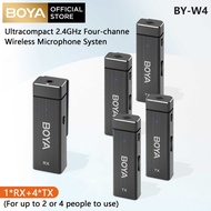BOYA BY-W4 2.4GHz Four-Channel Wireless Microphone System 4 people  Clip On Microphones for Camera DSLR Smartphone Video Recording Interview YouTube Streaming (4 Transmitters &amp; 1 Receiver)