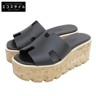 愛馬仕 Eze 30 H 軟木坡跟涼鞋，成色極佳，女士真皮，黑色，34碼