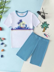 中小孩男生簡約藍白色海灘風印花短袖t恤和短褲2件套家居服裝