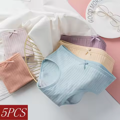5Pcs/Set Women's Cotton Mid-Rise Briefs Soft Breathable Classic Panties Ladies Ribbed Lingerie Comfo
