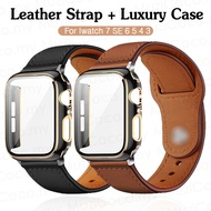 Band + Case Genuine Leather strap for smart watch band 45mm 41mm 44mm 40mm Leather for Iwatch Series 8 7 6 SE 5 band iWatch Ultra 49mm