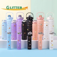 Glitter 3 in 1 2L + 1L + 500ml Inspirational Solid Color Design Water Bottle 3pcs with Sticker and Straw