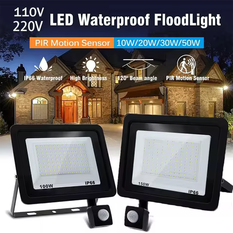 LED Floodlight Motion Sensor AC220V AC110V 10W-300W Waterproof Outdoor Projector Exterior Spotlight 