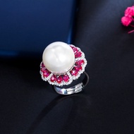 SEQUITO Delicate Ladies Jewelry White Gold Plated Full Pave Setting Red White AAA Zirconia Big Pearl