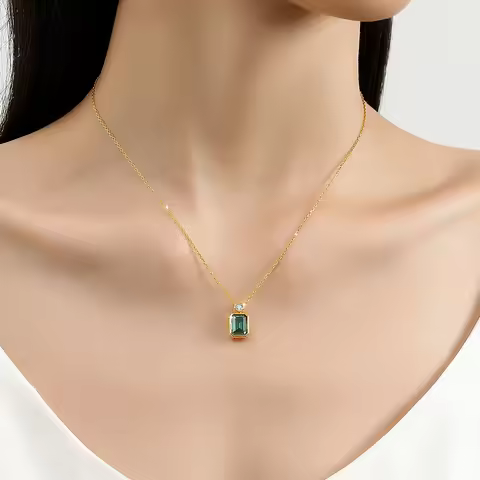 4CT Emerald Cut 14K Gold Necklace Pendant Moissanite 8*10mm Dark Green High Jewelry for Women Annive