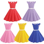 Kids Girls Vintage Dress With Belt Polka Dots Flying Sleeves Daily Birthday Tea Party 1950s 40s Swin