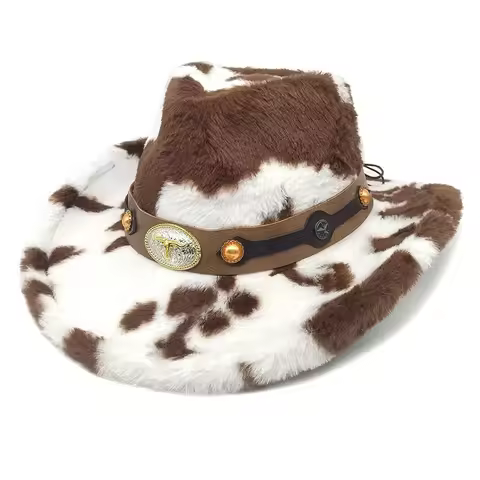 Fluffy Wide Brim Western Cowboy Hat Metal Badge Windproof Faux Fur Hat Fuzzy Warm Hat Street Outfit
