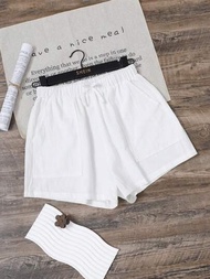 SHEIN 少女白色棉麻寬鬆口袋蝴蝶結細節打結休閒短褲，適用於假日