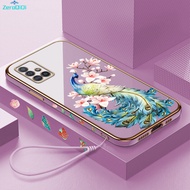 เคส ZeroQiQi สำหรับ Samsung Galaxy A25 5G A52 A52 A51 4G A52 5G A52S 5G เคส A71ฟรีสายคล้อง + ลายการ์ตูนนกยูงชุบเคสโทรศัพท์หรูหราชุบเคสโทรศัพท์นิ่ม