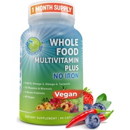 Vegan Whole Food Multivitamin with Iron, 90 Capsules Daily Multivitamin Women, Men, Organic Fruits Vegetables, B-Complex, Probiotics, Enzymes, CoQ10, Omegas, Turmeric, All Natural