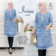 IRINA Atasan Tunik Jeans Wanita Jumbo XXL Lengan 3/4 Snow Blue Serut Pinggang Murah Terbaru | Blouse