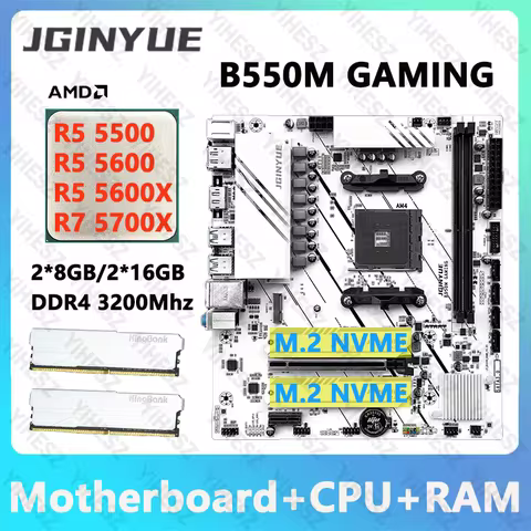 JGINYUE B550M Gaming Motherboard Kit AMD AM4 R5 5500/5600/5600X R7 5700X With 2*8GB/2*16GB DDR4 3200