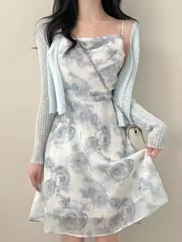 Elegant Summer Design Backless Watercolor Print Chiffon Dress Gentle Breeze Strap Dress Women's Fash