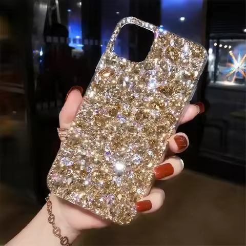 Glitter Full Gold Diamond Crystal Phone Case for IPhone 15 14 13 12 16 Pro Max Casing Women Luxury B