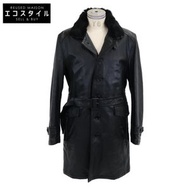 Burberry Black Label 黑色羊皮單件風衣，飾以兔毛，尺寸 LL