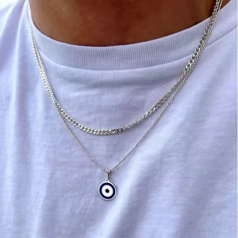 Vnox Turkish Lucky Double Layer Evil Eyes Pendant Necklace for Men, Stacked Blue Eye Necklace Set Je