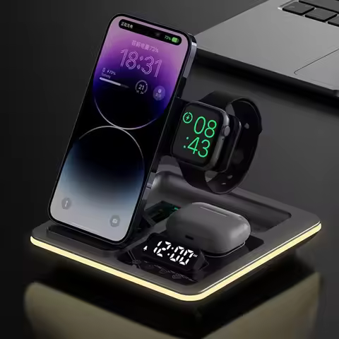 Wireless Charger Foldable Alarm Clock LED Light Dock For iPhone 17 16 15 Pro Max APPLE Watch 2-8 SE