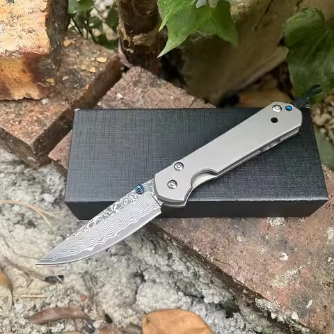 Survival Damascus Steel Hunting Folding Knife TC4 Titanium Alloy Handle D2 Blade Outdoor Camping Tac