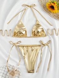 SHEIN Swim 金屬質感比基尼套裝吊脖微三角形文胸和側繫帶丁字褲兩件式泳衣