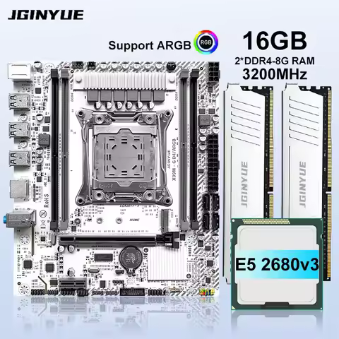 JGINYUE X99 Motherboard LGA 2011-3 Set Kit with Xeon E5 2680 V3 CPU with 16GB DDR4 3200MHz RAM Memor