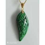 #J362 Natural Grade A Dark Green Jade Jadeite Pendant H26.5mm with Real 18K Gold Clasp (Free Necklac