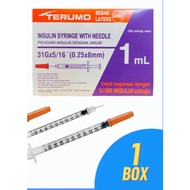 [1 BOX] TERUMO INSULIN SYRINGE WITH NEEDLE ( 31G x 5/16" ) 0.25 x 8mm - 1ML - 100'S/BOX , MADE IN KO