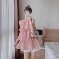 [Voucher 50k Freeship Max 0 đồng toàn quốc] Set áo yếm voan tơ cổ yếm xòe tầng quần short nữ set tiể