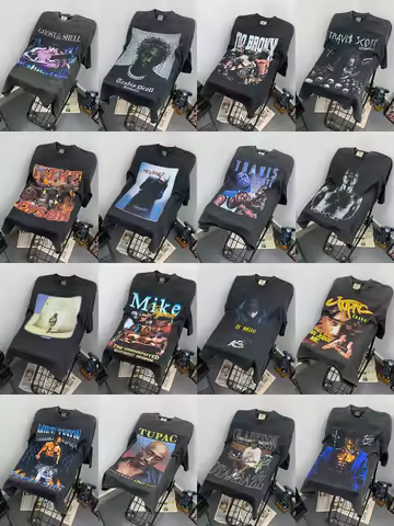 Fashionable vintage short sleeved 2pac Tyson portrait retro washed vintage American heavyweight T-sh