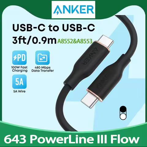 Anker 643 PowerLine III Flow USB C to USB C Cable 3ft/0.9m 6ft/1.8m 100W Fast Charging Silica Gel Ca