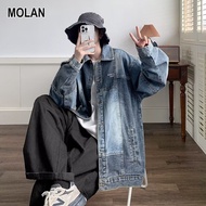 MOLAN เสื้อแจ็คเก็ตยีนส์ ผู้ชายแจ็กเก็ตย้อนยุคสีตัดกันสำหรับแจ็คเก็ตผ้าเดนิมชายและหญิงทรงหลวมดีไซน์แบบประกบ