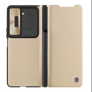 Samsung Fold 5  可放筆case champaign gold color/Pen holder/Lens protection/Nillkin适用三星Z Fold 5折叠屏手机壳新款全包防摔男镜头滑盖翻盖皮套高端带笔套皮革保护套/超高質量Nullkin Brand