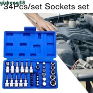 YISHENG 34Pcs/ Set Drive Torx Star Bit socket, Combination Tool 1/4" 3/8" 1/2" Drive E-Torx Star Soc