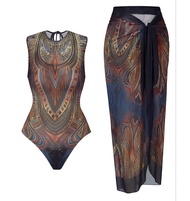 Retro Tribal Pattern Bandage One Piece Swimsuit And Cover Up Skirt Size M ชุดว่ายน้ำวันพีซพิมพ์ลายเร