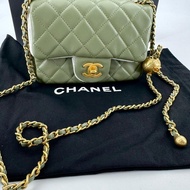 Chanel 21B Lambskin Pearl Crush Olive Green Mini Rectangular Flap Bag with Gold Hardware