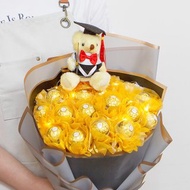 畢業花束 畢業熊+豪華版金莎18顆花束 附燈串 低調金 A012