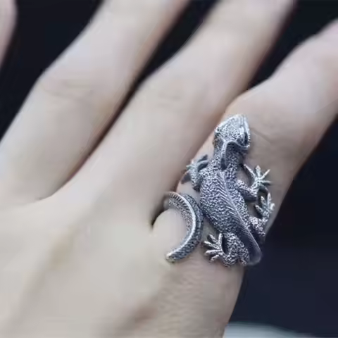 Buyee 925 Sterling Silver Male Big Ring Finger Elegant Lizard Open Ring for Men Women Fashion Unique