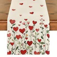 1pc Linen Red Heart Shaped Leaf Table Runner, Anniversary Wedding Kitchen Dining Table Decor, Home P