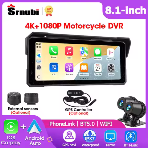 Srnubi 8.1-inch Motorcycle Carplay GPS Navigator 4K+1080P Dual Lens Wireless Carplay Android Auto He