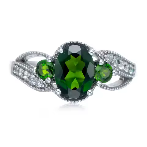Boseok 6x8mm Chrome diopside Rhodium Over Sterling Silver Ring