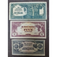 1942-1945 MALAYA/JAPANESE OCCUPATION WWII 1, 5 & 10 DOLLAR BANKNOTES.