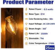 หลอดไฟสำหรับเปลี่ยน C7ไฟ LED หลอดไฟเอดิสันเชิงเทียนขนาดเล็ก E14 E12หลอดไฟโคมไฟเกลือสีขาวอบอุ่นย้อนยุค0.5W เทียบเท่า5W 90% หลอด LED 25แพ็ก