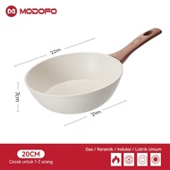 MODOFO Kuali Goreng Aluminium 20cm Tidak Melekat, Salutan Granit, Pemegang Kayu, Kuali Kecil 5.8cm