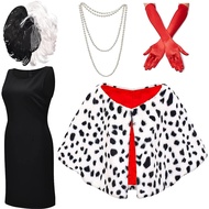 Party Costume Halloween Dalmatian Cape Necklace Cruella Wig Witch Gloves Black and White Shawl cos C