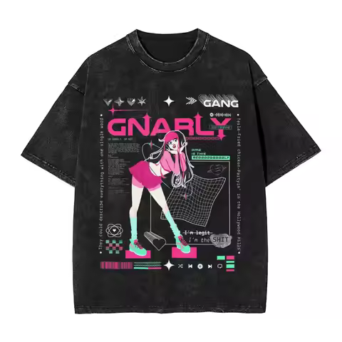 Gnarly Katseye Washed T Shirt Male Aesthetic Cotton T-Shirts Summer Round Neck Leisure Tee Shirt Pat