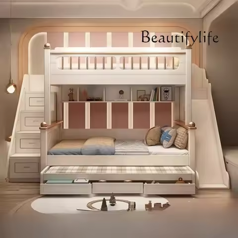 R 135x190cm Wood Mattress Bunk Bed With Slide Ladder King Size Frame 3 Drawers Storage Kids Loft Bed