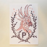「P is for Parrot」手工版印明信片-鸚鵡 （abc字母明信片）