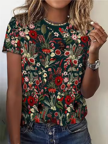 Women's Tee - Lush Floral & Bird Pattern Graphic, Vibrant Tropical Jungle Design for Casual Daily We